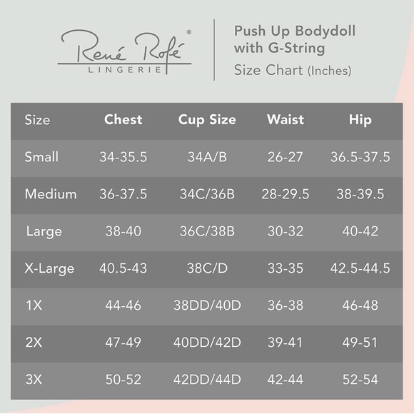 Rene Rofe Lingerie Size chart - Picture 1 of 1